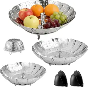 Dampfgarer Einsatz 3er Set Edelstahl Klappbar Dünsteinsatz für Töpfe, Reiskocher, Schnellkochtöpfe – Verstellbarer Dampfkorb Gemüsedämpfer + Hitzebeständige Silikonhandschuhe – 3 Größen