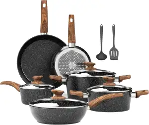Kitchen Academy Induktion Töpfe Set - 12-teilige Schwarze Granit Kochtöpfe Set,Antihaft Topfset und Pfannen Set,PFOA & PFOS-freie