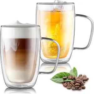 Joeyan 2er Set Doppelwandige Latte Macchiato Gläser 500ml,Groß Doppelwandglas aus Borosilikatglas,Kaffeegläser mit Griff,Hitzebeständiges Teegläser,Thermoglas,Espressotassen,für Cappuccino,EIS,Bier