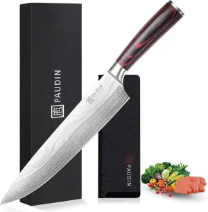 PAUDIN Küchenmesser, Kochmesser 25 cm, Profi Messer Scharfes Chefmesser, Edelstahl Fleischmesser mit Pakkaholz Griff, Kochmesser profi Messer aus Hochwertiger Carbonstahl, Geschenke für Männer