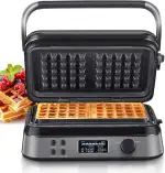 Waffeleisen 1600W, Doppelwaffeleisen für Belgische Waffeln, 5 Programme, 7 Bräunungsstufen, Steuerung über LCD Display, Timer, Praktische Überlaufrille, Edelstahl (Black)