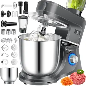 KESSER® Küchenmaschine 3in1 mit Fleischwolf & Mixer, 1500W Knetmaschine 5,5L Rührschüssel + Spritzschutz, 6 Geschwindigkeiten, Knethaken, Schneebesen, Rührhaken & Raspeln, Backen & Kochen, Anthrazit