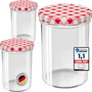 WELLGRO 50x Einmachgläser mit Schraubdeckel - 435 ml, 8,5 x 12 cm (ØxH), Glas/Metall, rot karierte Deckel To 82, Gläser Made in Germany