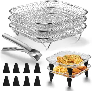 Homikit Heißluftfritteuse Zubehör, 3 Lagiges Stapelbar Edelstahl Grillrost Airfryer Zubehör mit 8 Silikonfüßen und 1 Greifklammer, Eckig Frittierkorb für Frittieren Backen, Spülmaschinenfest