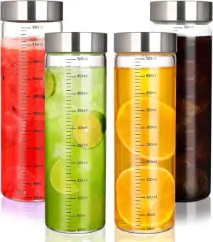 4er-Pack 500 ml Glasflaschen mit Messbecher,Smoothie Gläser mit Edelstahl Deckel, wiederverwendbare smoothie becher, Glaswasserflaschen geeignet für Smoothies, Säfte, Milch, Kaffee