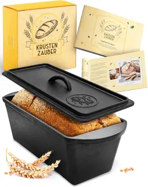 KRUSTENZAUBER Gusseisen Brotbackform mit Deckel - Robuste rechteckige 28cm Backform - Ideal als Kastenform, Toastbrot-Backform, Brotform, Gusseisen-Topf Brot backen Zubehör, Brottopf, cast iron