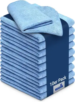 wolk Mikrofasertücher 40x40 cm 10er Pack blau, Putztücher Microfiber fusselfrei, Reinigungstücher für Küche Bad Auto, Wischlappen Poliertuch, 200 g/m²
