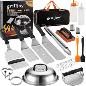 Grilljoy Plancha Zubehör Set Edelstahl, Grill Zubehör für Männer, Smash Burger Set mit Grillspachtel, Burgerpresse, 28TLG Grill Besteck für Plancha Grill, Grill Set für Indoor und Outdoor Küche