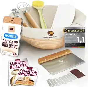 Superbaking Gärkörbchen Rund - 9 Zoll Rattan Sauerteig Brot Gärkorb - 9-Teiliges Komplettes Sauerteig Starter Set Brotkörbchen Brot Backen Zubehör Sauerteig Starter Kit, Brotform Banneton Gärkorb Set