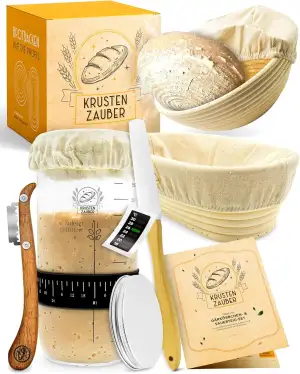 KRUSTENZAUBER 2er Set Gärkörbchen & 600ml Sauerteig Starter Set im Vorteilspack 